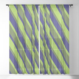 [ Thumbnail: Green, Dark Olive Green, and Midnight Blue Colored Pattern of Stripes Sheer Curtain ]