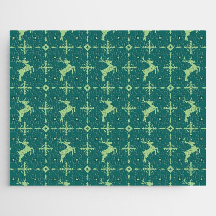 Christmas Vintage Green Blue Deer Jigsaw Puzzle