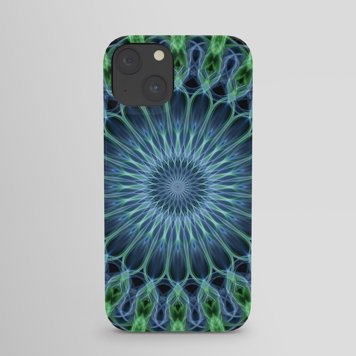 Glowing green and blue mandala iPhone Case