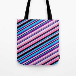 [ Thumbnail: Eyecatching Deep Sky Blue, Purple, Light Grey, Hot Pink, and Black Colored Lined Pattern Tote Bag ]