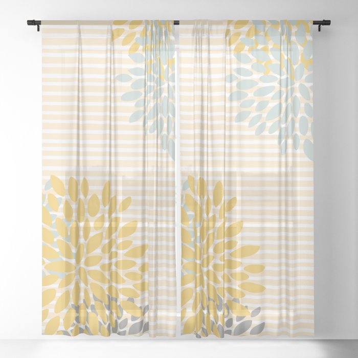 Floral Prints And Colorful Stripes Yellow Gray Aqua Colour Prints Sheer Curtain By Meganmorrisart Society6