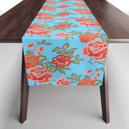 Rose Floral Pattern on Blue Table Runner