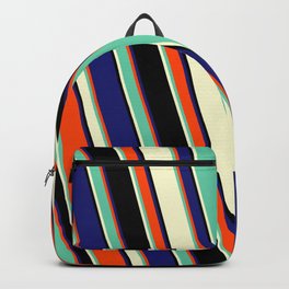 [ Thumbnail: Red, Aquamarine, Light Yellow, Black & Midnight Blue Colored Lines/Stripes Pattern Backpack ]
