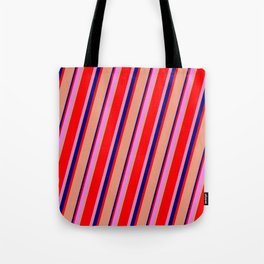 [ Thumbnail: Dark Salmon, Blue, Red, and Violet Colored Lines Pattern Tote Bag ]
