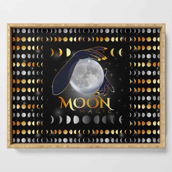 Moon phases mystical womans hands on full moon Serving Tray