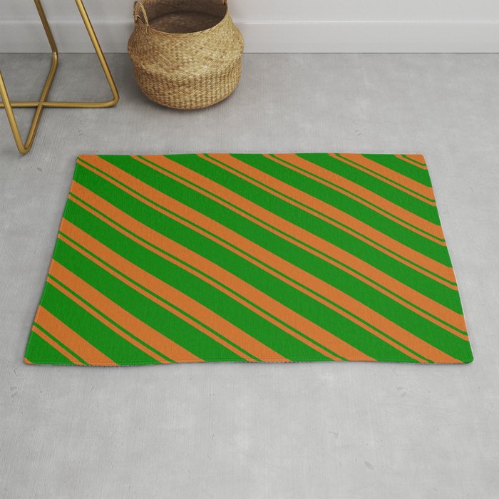 Chocolate and Green Colored Lined/Striped Pattern Rug