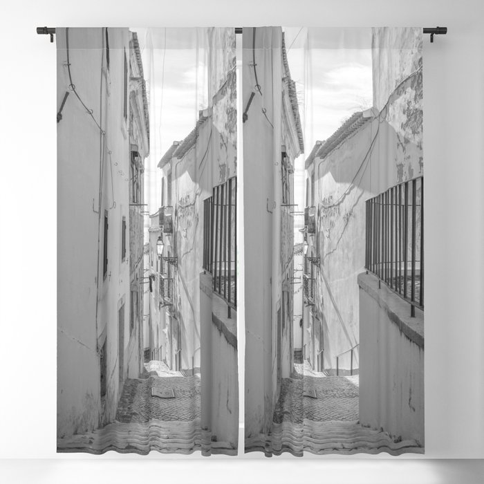 Vintage black and white street alley in Alfama Lisbon Portugal - summer travel photography Blackout Curtain