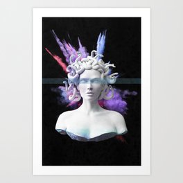 Medusa color blast  Art Print | Powder, Snakes, Statue, Color, Collage, Hair, Myth, Stone, Greek, Colorful 
