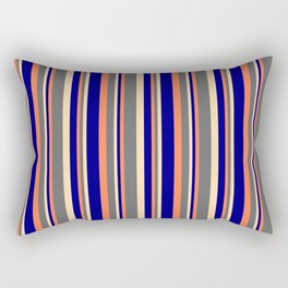 [ Thumbnail: Coral, Dim Gray, Tan & Blue Colored Pattern of Stripes Rectangular Pillow ]