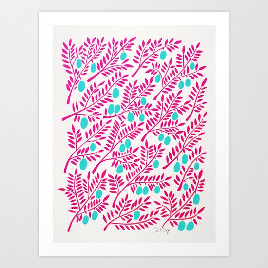 Olive Branches – Pink Ombré & Turquoise Art Print