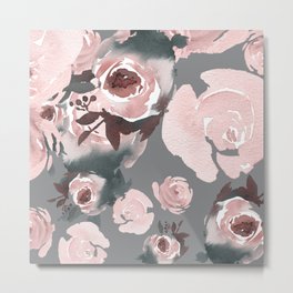 Pink Roses Grey Floral Metal Print | Curated, Shabby Chic, Gray, Shabby, Chic, Watercolor, Elegant, Country, Charcoal, Cottage 
