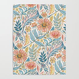 Soft Peach and Blue Art Nouveau Floral Poster