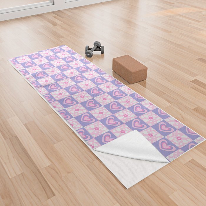 Hearts + Howdy Cow Spots + 70s Flowers on Checker Yoga Towel