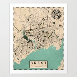 Brest City Map of Brittany, France - Vintage Art Print