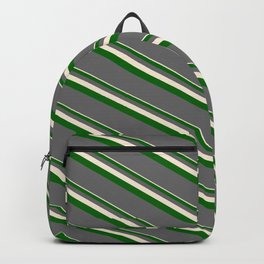 [ Thumbnail: Beige, Dark Green & Dim Grey Colored Lines/Stripes Pattern Backpack ]