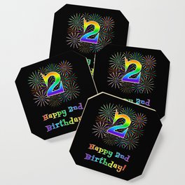 [ Thumbnail: 2nd Birthday - Fun Rainbow Spectrum Gradient Pattern Text, Bursting Fireworks Inspired Background Coaster ]