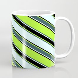 [ Thumbnail: Light Green, Dark Slate Gray, Light Cyan, and Black Colored Striped Pattern Coffee Mug ]