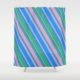 [ Thumbnail: Blue, Sea Green, and Plum Colored Pattern of Stripes Shower Curtain ]