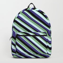 [ Thumbnail: Dark Sea Green, Light Cyan, Dark Slate Blue, and Black Colored Pattern of Stripes Backpack ]