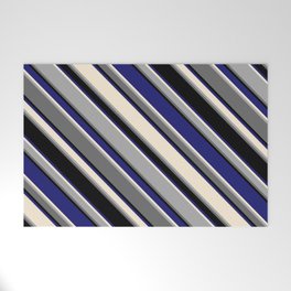 [ Thumbnail: Eye-catching Midnight Blue, Beige, Dark Grey, Dim Grey & Black Colored Striped Pattern Welcome Mat ]