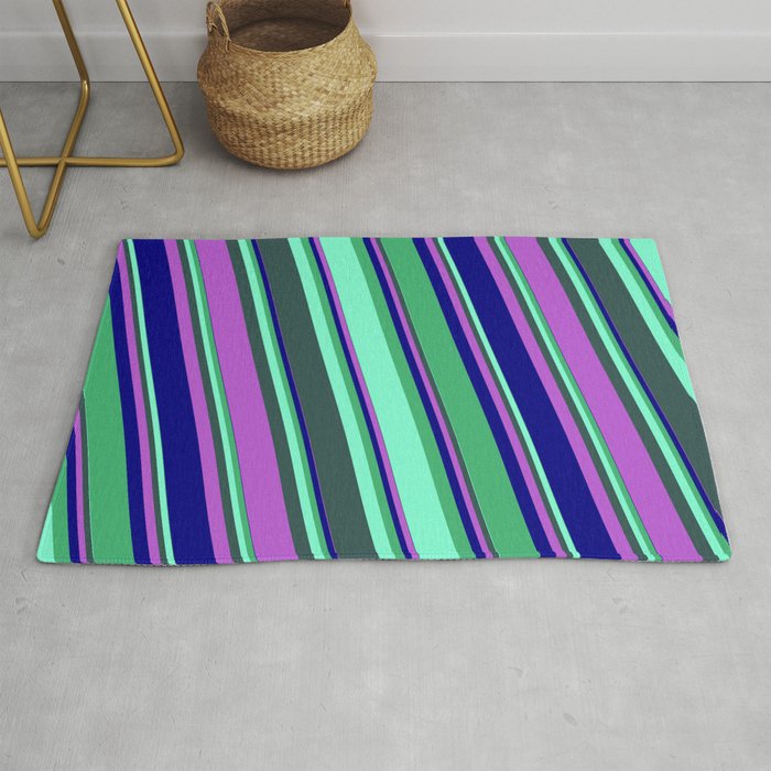 Eyecatching Sea Green, Aquamarine, Dark Slate Gray, Orchid, and Blue Colored Lines Pattern Rug
