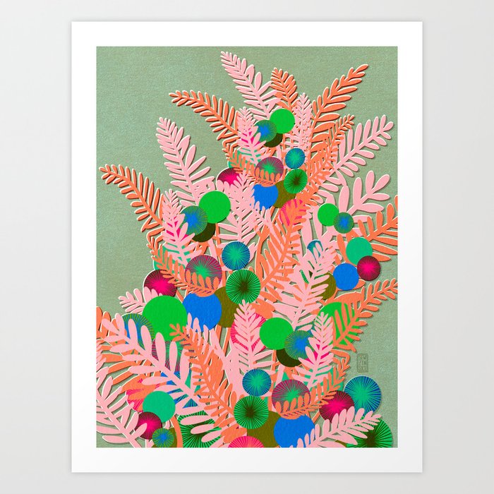 Berry Branches Pink Green Art Print