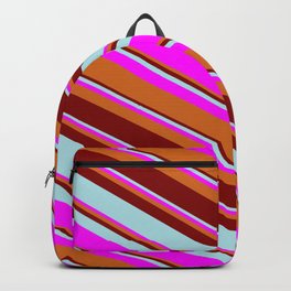 [ Thumbnail: Maroon, Powder Blue, Fuchsia, and Chocolate Colored Pattern of Stripes Backpack ]