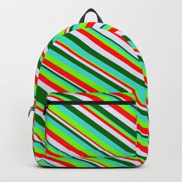 [ Thumbnail: Vibrant Turquoise, Green, Red, Lavender & Dark Green Colored Lined/Striped Pattern Backpack ]
