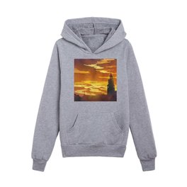 Orange sunset with silhouette of church bell tower in Tabor, Czech Republic.  Watercolor painting or Kids Pullover Hoodies