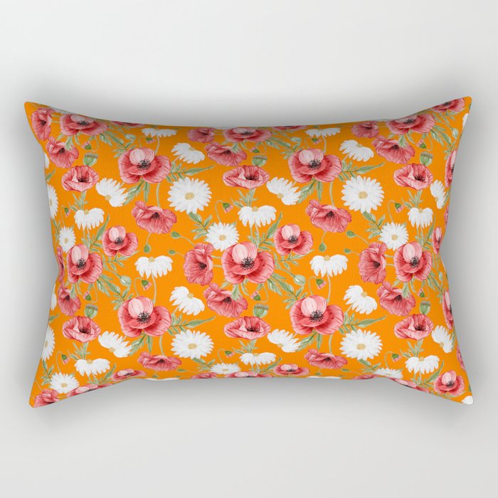 Daisy and Poppy Seamless Pattern on Orange Background Rectangular Pillow