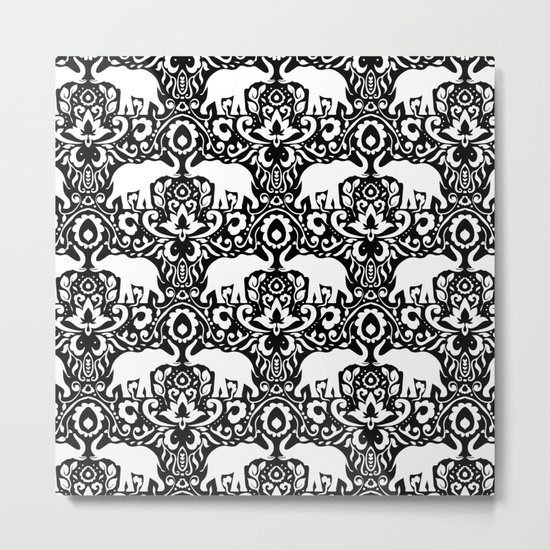 Elephant Damask Black and White Metal Print