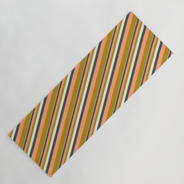 [ Thumbnail: Beige, Dark Slate Gray, Light Salmon, and Dark Goldenrod Colored Stripes Pattern Yoga Mat ]