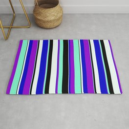 [ Thumbnail: Dark Violet, Aquamarine, Black, Mint Cream & Blue Colored Pattern of Stripes Rug ]