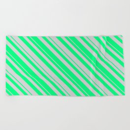 [ Thumbnail: Green & Light Gray Colored Striped/Lined Pattern Beach Towel ]
