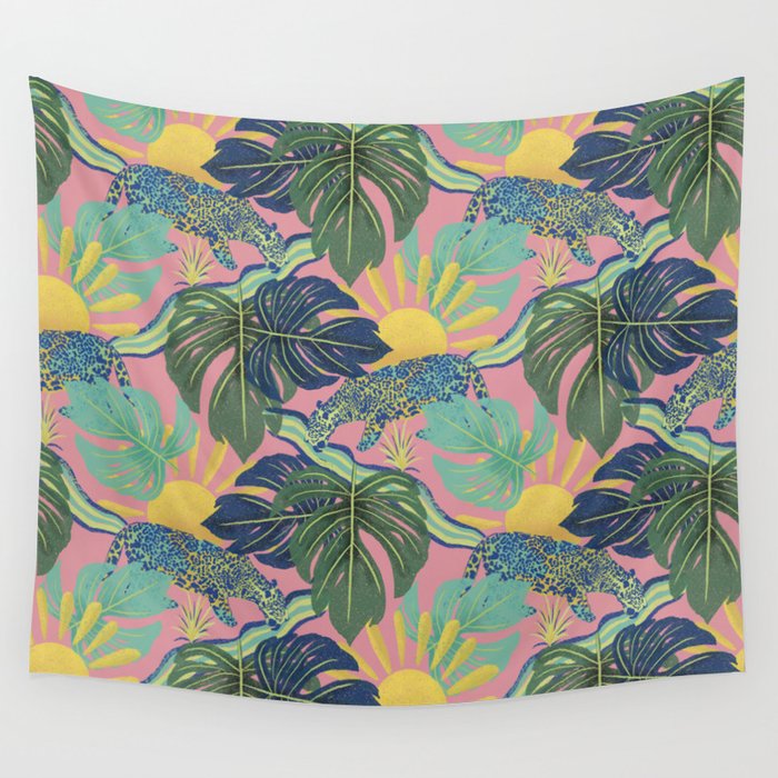 Wild Jungle Fusion: Colorful Leopard & Monstera Leaves Pattern Wall Tapestry