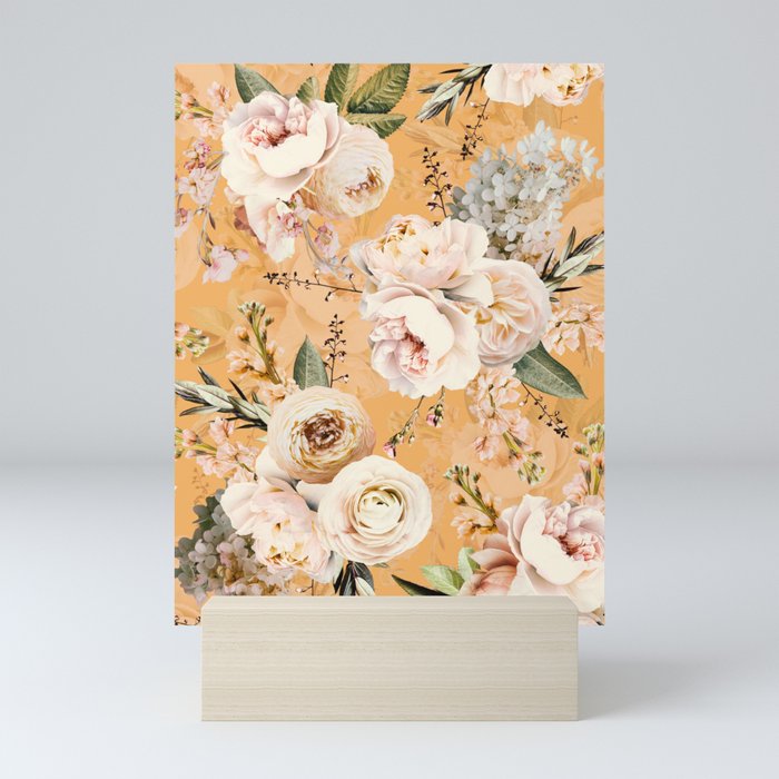 Peach Roses Bouquets On Sunny Orange Pattern  Mini Art Print