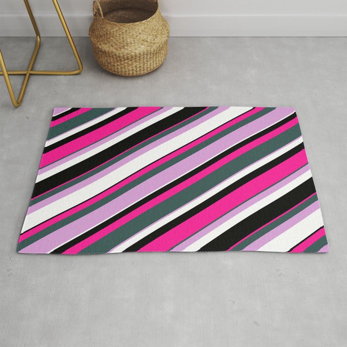 Eyecatching Deep Pink, Dark Slate Gray, Plum, White & Black Colored Lines Pattern Rug