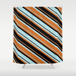 [ Thumbnail: Powder Blue, Chocolate & Black Colored Lined Pattern Shower Curtain ]