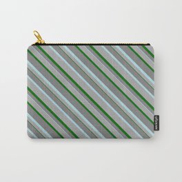[ Thumbnail: Grey, Powder Blue, Dark Gray, and Dark Green Colored Stripes/Lines Pattern Carry-All Pouch ]