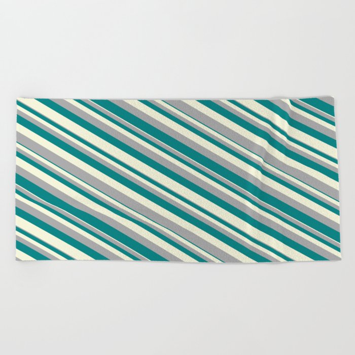 Beige, Dark Gray, and Teal Colored Pattern of Stripes Beach Towel