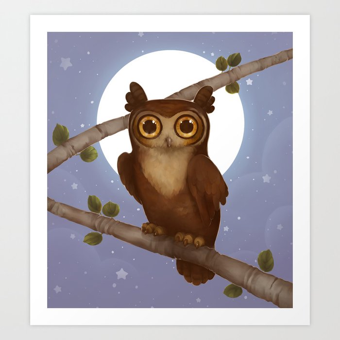 Gallant Great Horned Owl Art Print | Painting, Digital, Illustration, Nursery, Owl, Animal, Moon, Cute, Baby, Purple