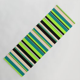 [ Thumbnail: Light Green, Teal, Bisque & Black Colored Lined/Striped Pattern Yoga Mat ]