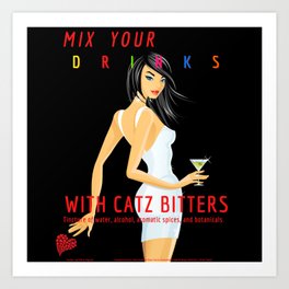 Square version of the Italian Apéritif Mix Your Drinks with Catz (Cats) Vermouth Bitters black background & colored text vintage alcoholic beverage advertising poster / posters Art Print