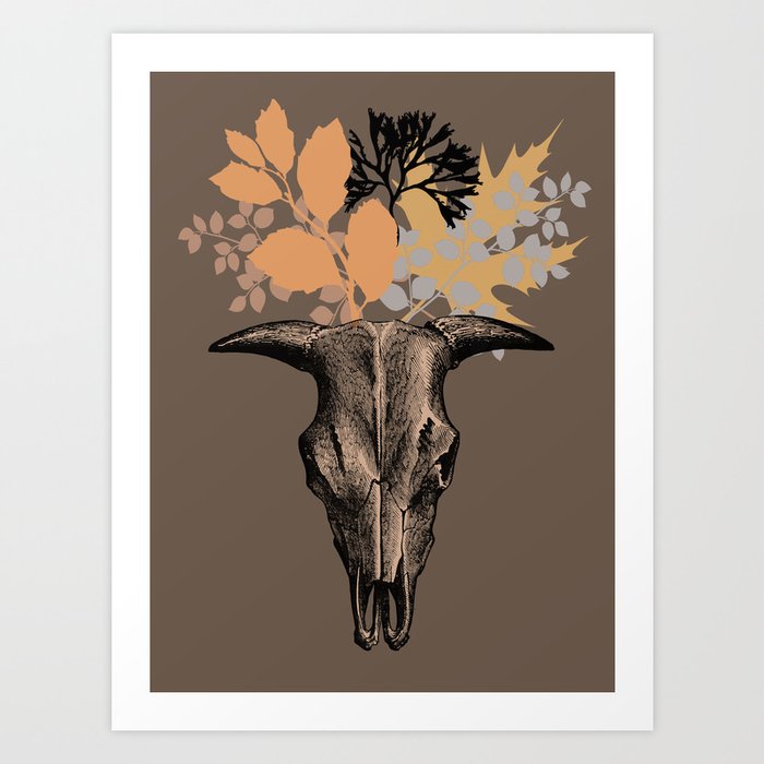 Bull Floral Skull Illustration Art Print
