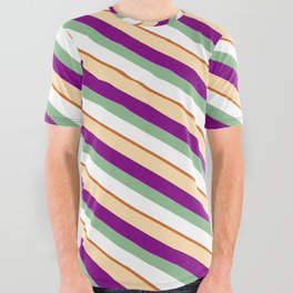 [ Thumbnail: Colorful Tan, Purple, Dark Sea Green, White, and Chocolate Colored Lines/Stripes Pattern All Over Graphic Tee ]