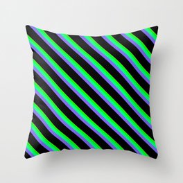 [ Thumbnail: Eye-catching Tan, Lime, Green, Medium Slate Blue & Black Colored Striped/Lined Pattern Throw Pillow ]