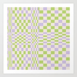 Happy Colorful Checkered Pattern Green and Lilac Art Print
