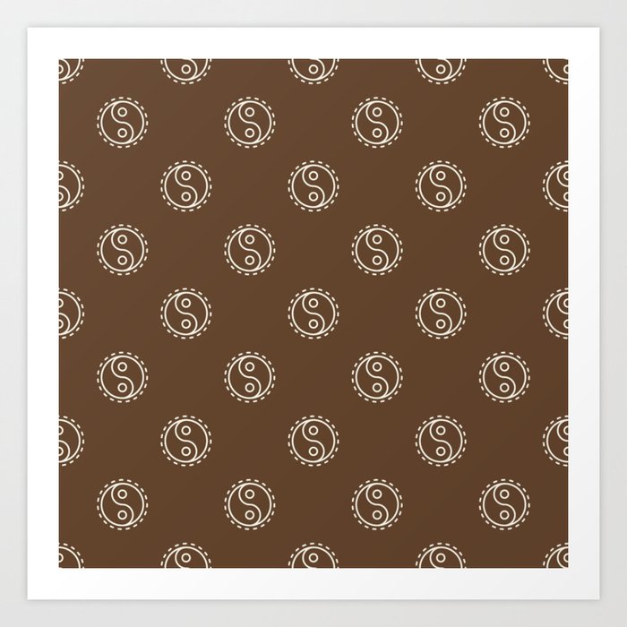 White Yin Yang Symbol Pattern on Dark Brown Art Print