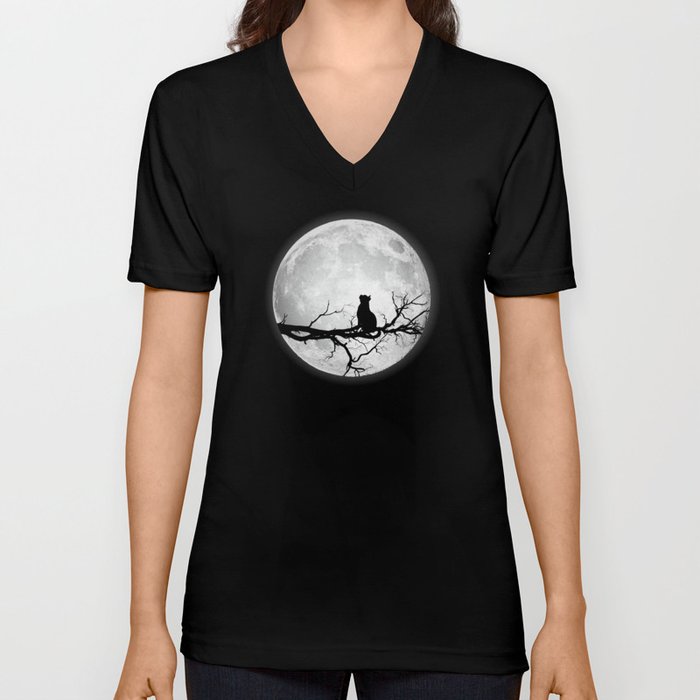 Moon Full Moon Cat Space V Neck T Shirt