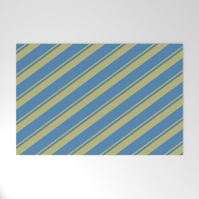 Dark Khaki and Blue Colored Stripes Pattern Welcome Mat